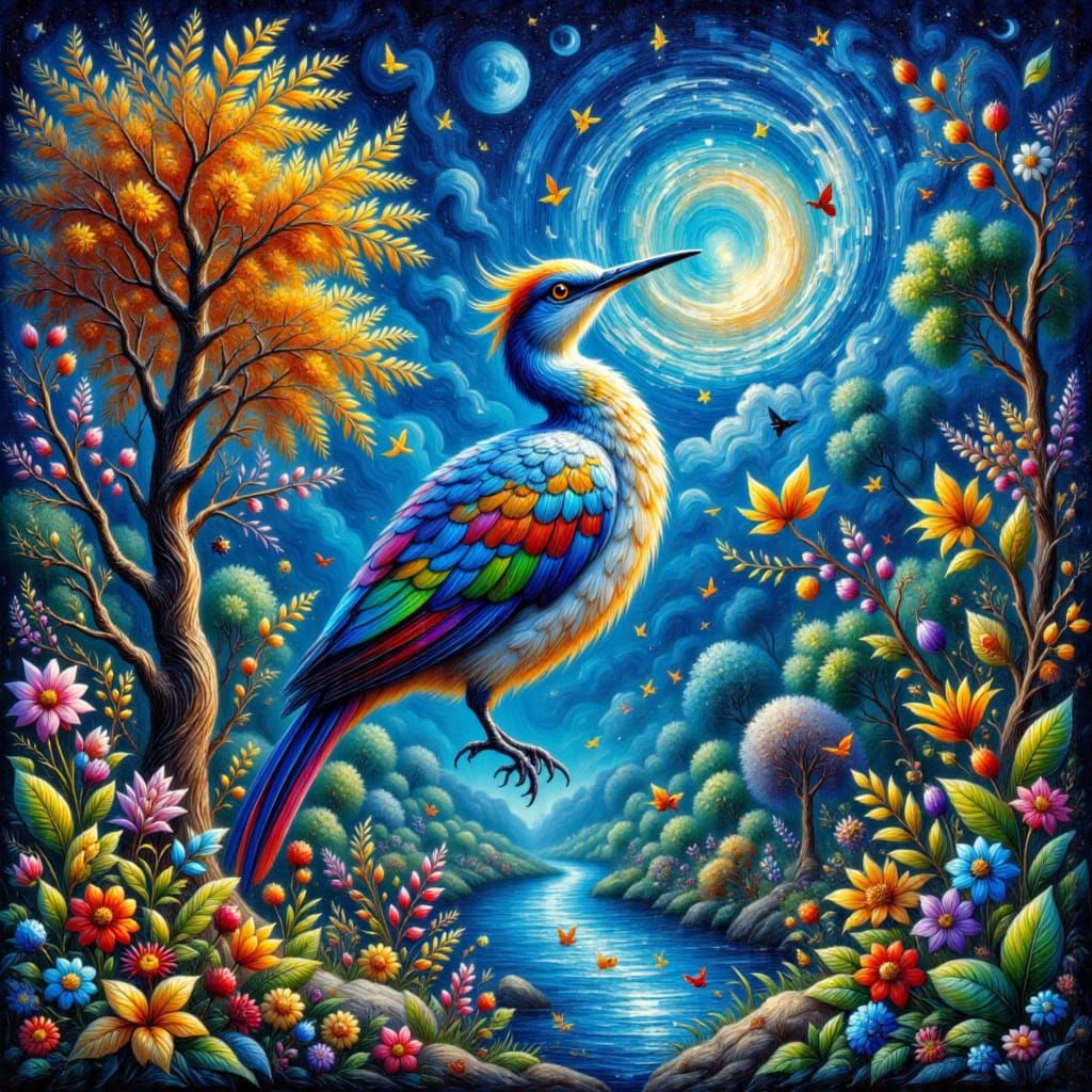 Golden Cage with Blue Bird on Autumn Maple Tree