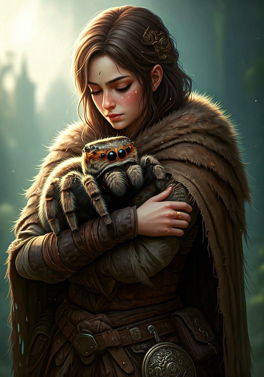 Whimsical Fantasy Adventurer with Fuzzy Spider Companion