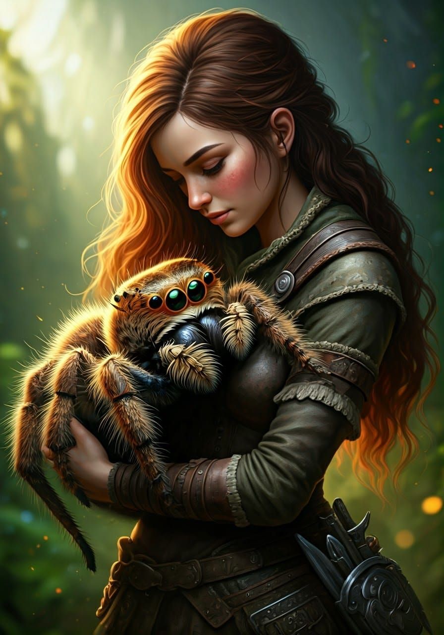 Fantasy Adventurer with Fuzzy Spider: Matte Painting Style