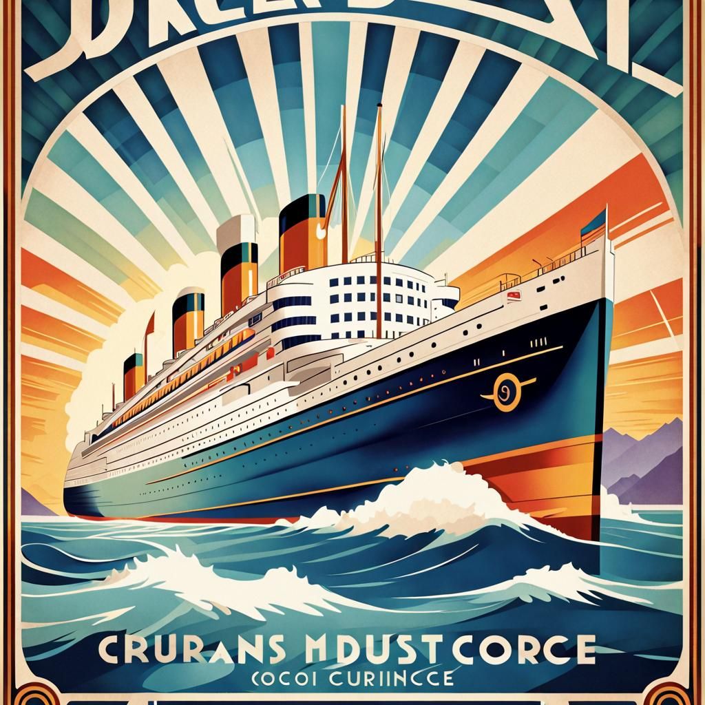 16k resolution, Art Deco poster art, stylish ocean liner, st...