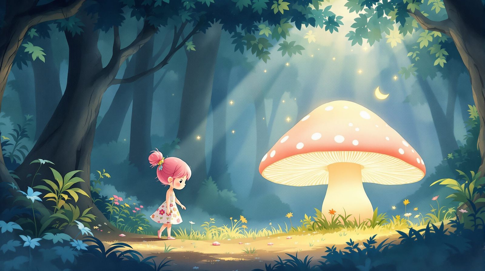 Girl and Glowing Mushroom, Watercolor Art Nouveau Style