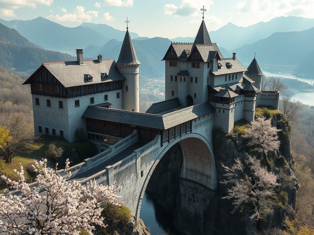 Medieval Castle Bridge Amidst Mountains and Cherry Blossoms