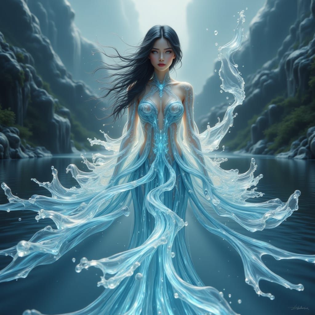 Woman Emerging from Water as Water Spirit in 3D Anime Style