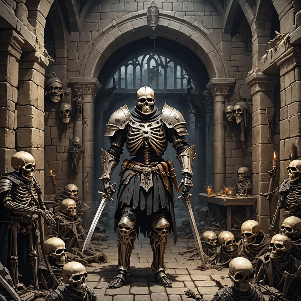 Skeleton Knight Guarding a Dark Fantasy Fortress