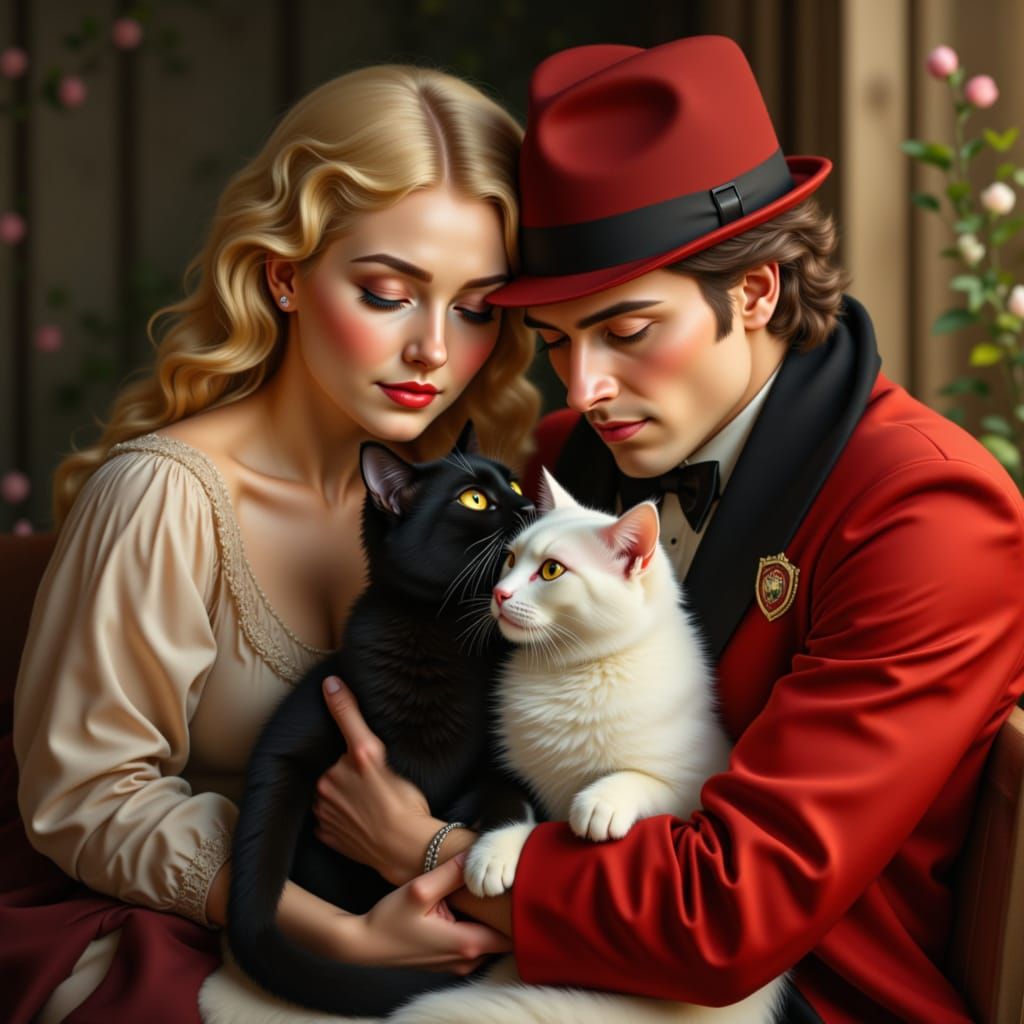 Magical Realism Embrace: Maiden, Gentleman, and Cats