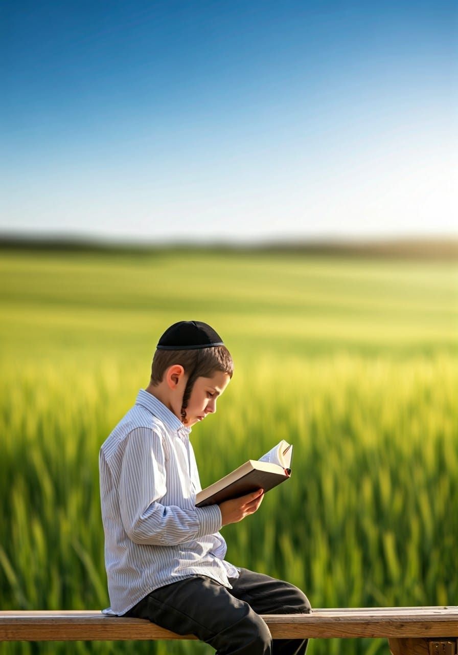 Boy Reading Holy Book in Meadow