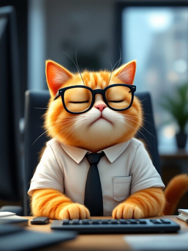 Anthropomorphic Cat Office Worker in Cartoon Style