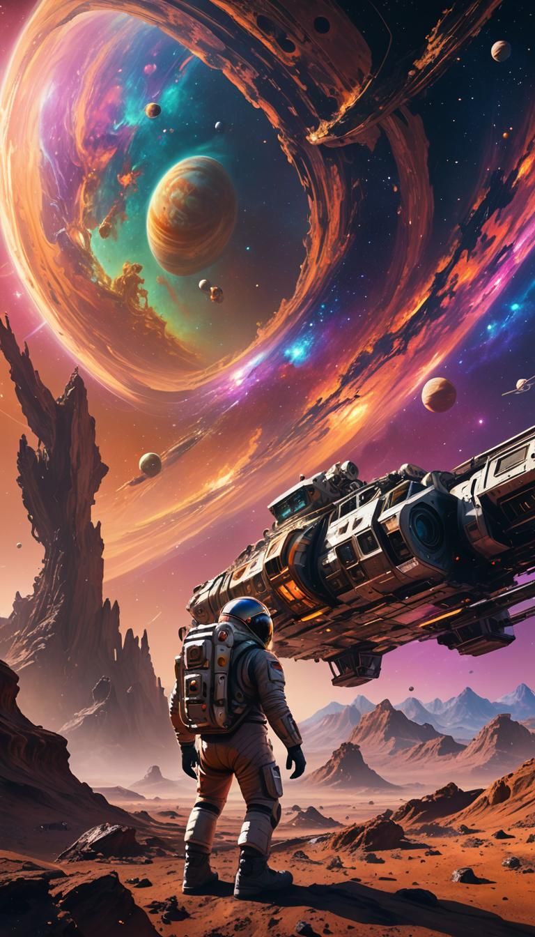 Astronaut and Alien Repairing Spaceship on Jupiter