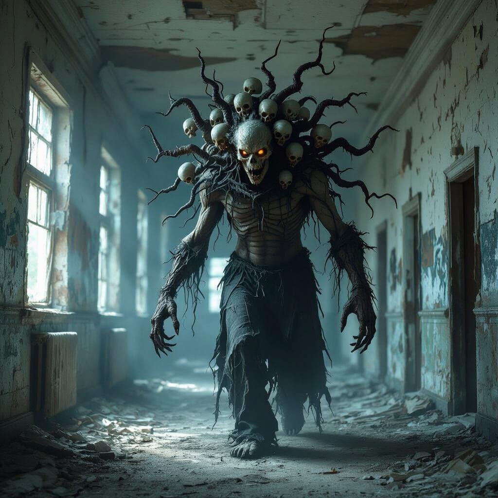 Grotesque Skinwalker with Many Heads in Abandoned High Schoo...