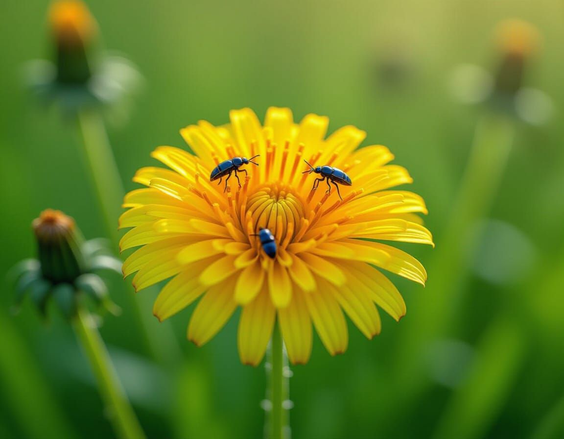 Macro Photography of a Yellow Dandelion with Insects