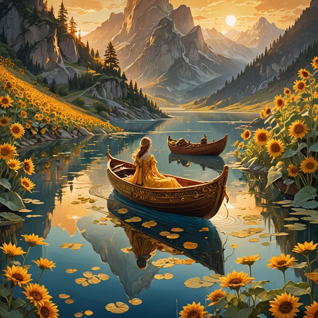 Princess on Golden Boat with Sunflowers