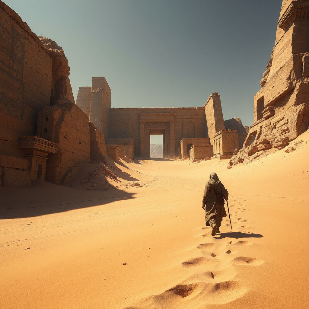 Desert Explorer Approaching Ancient Ruined City
