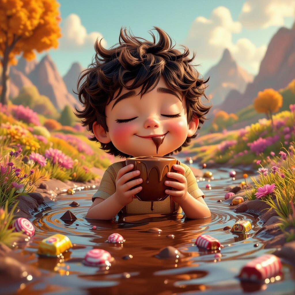 Child Sipping Chocolate by Candy River: 3D Animation