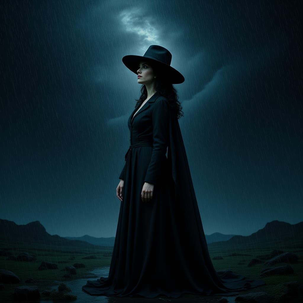 Woman in Rain-Soaked Landscape in Cinematic Style