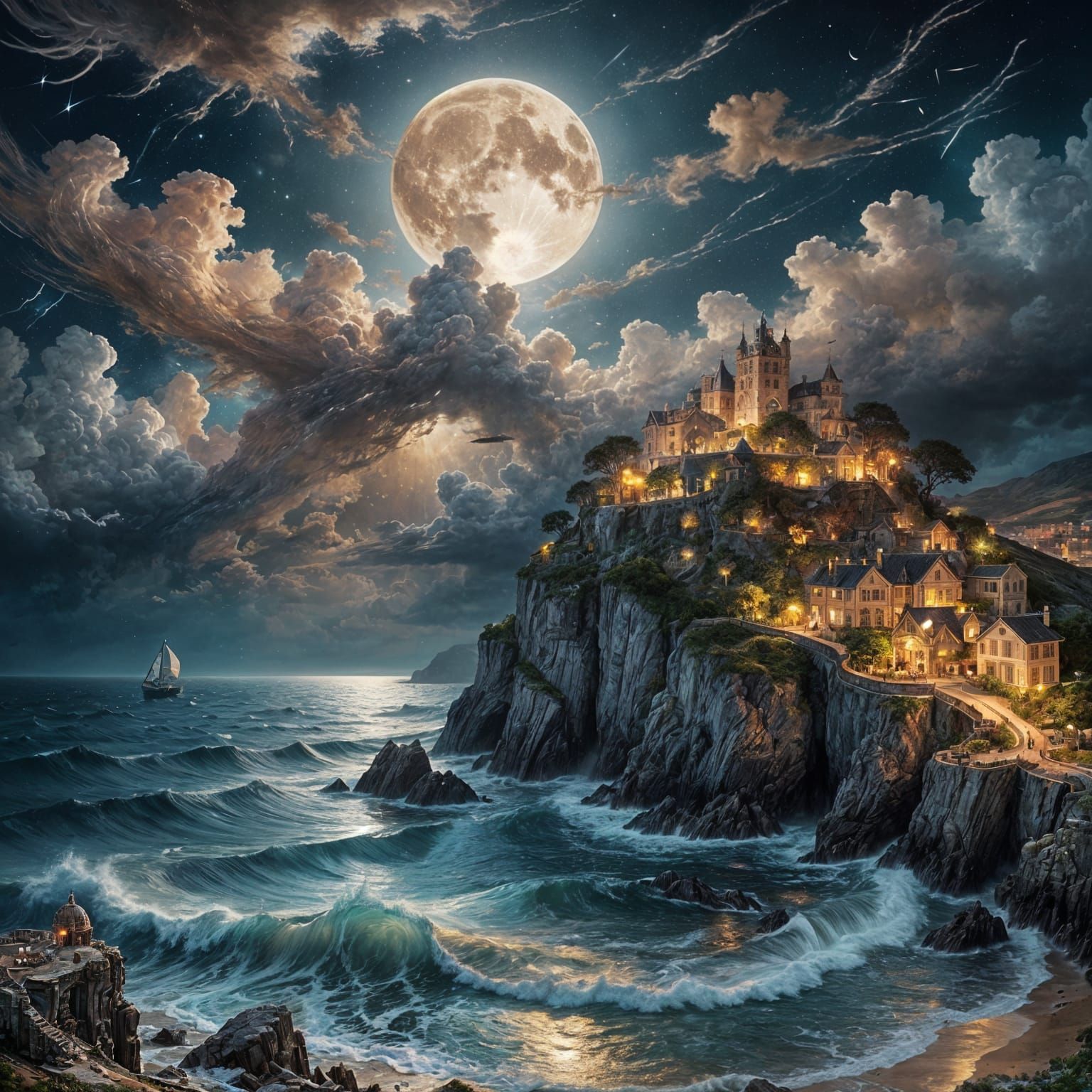 Stormy Night Over Hilly Village: Digital Masterpiece