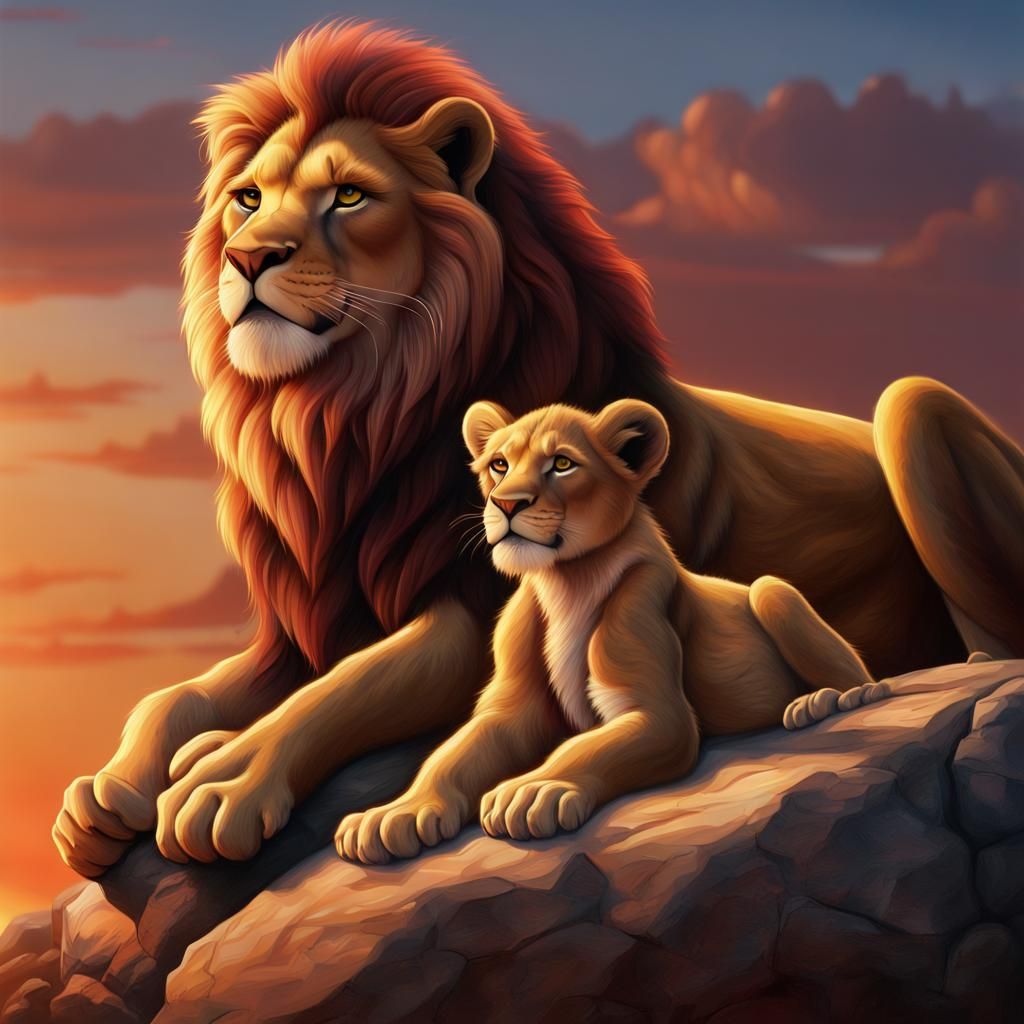 Lion and Cub Watching Sunset: Hyperrealistic Concept Art