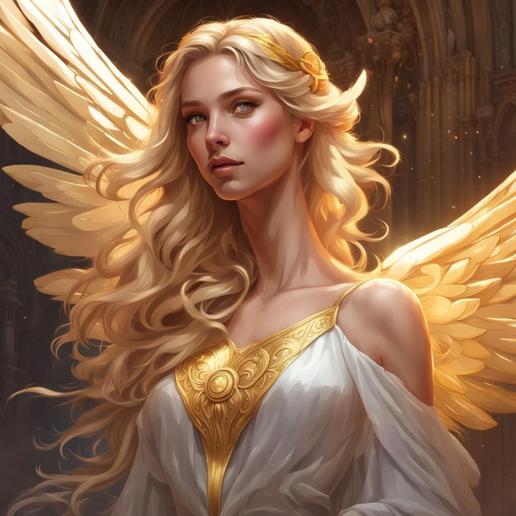A beautiful girl with golden hair and a silk dress with white wings and a golden halo around her