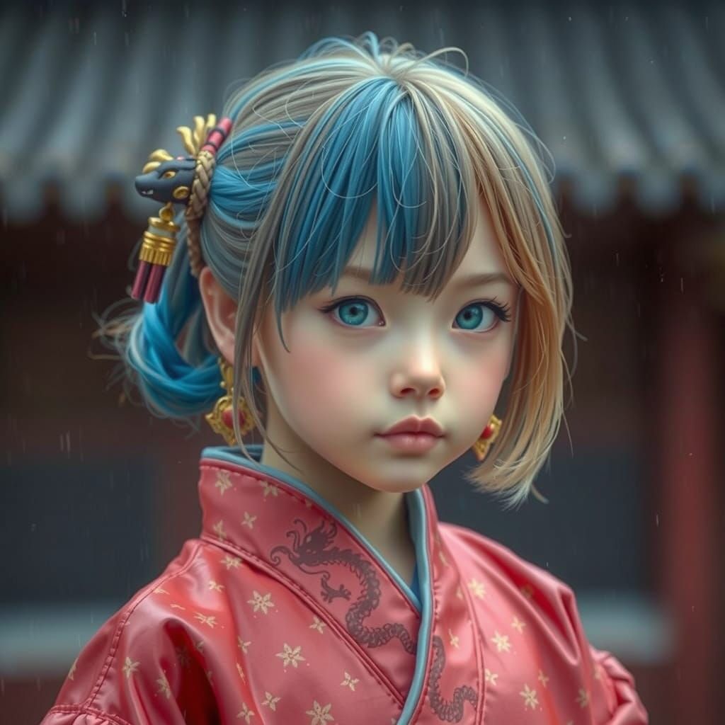 Girl in Hanfu with Dragon Prints, Long Hair in the Rain