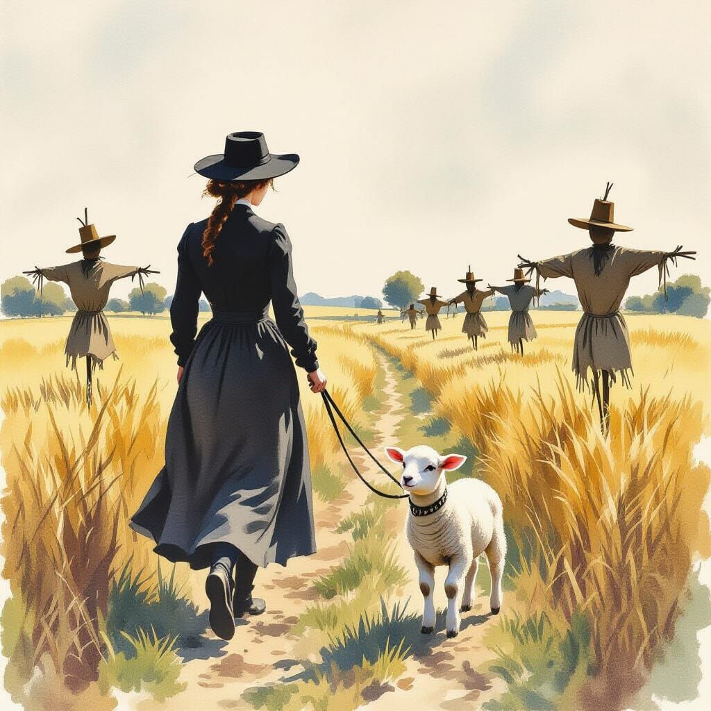 Clarice Starling in Watercolor with Scarecrows and Lamb