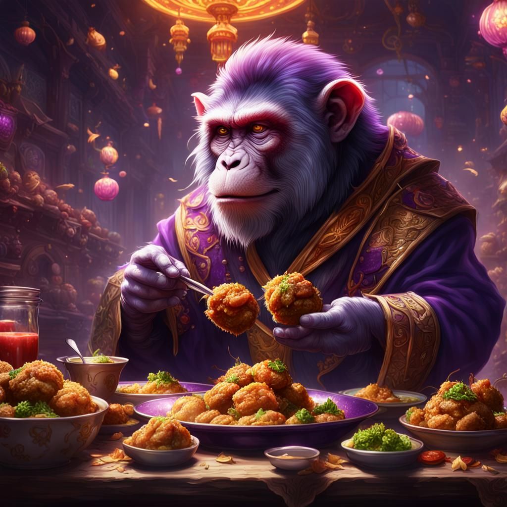 A monkey eating meatballs