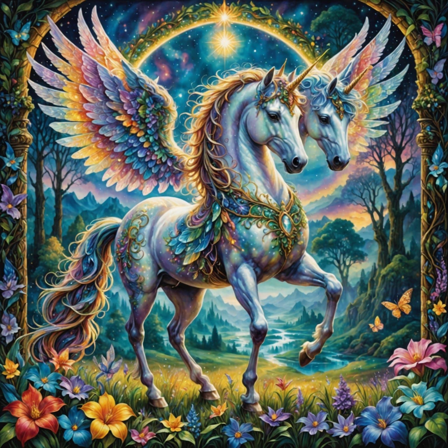Enchanted Unicorn with Binary Wings in Luminous Meadow