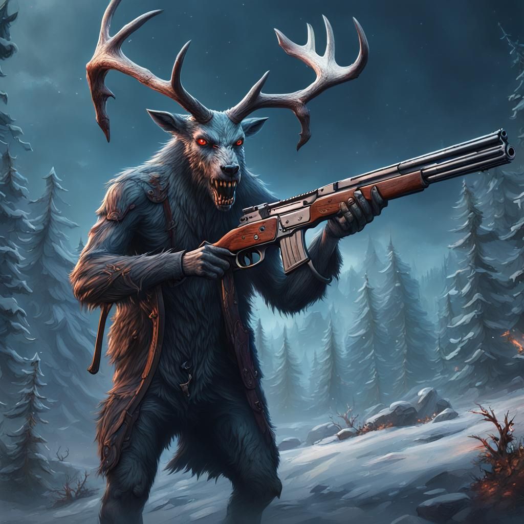 Wendigo with Shotgun: Detailed Fantasy Concept Art