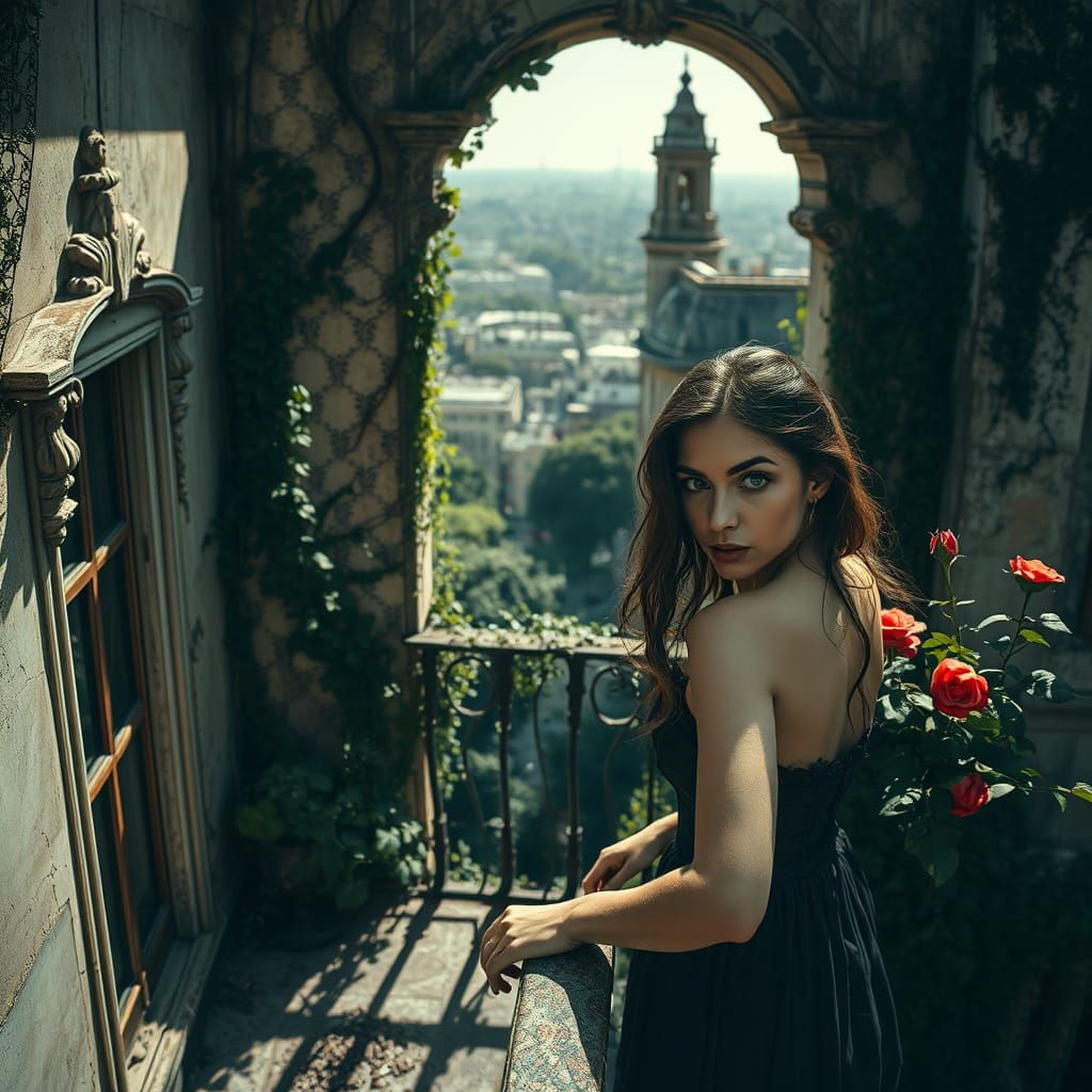 Sensual Woman on Ruined Balcony Overlooking Romantic Citysca...