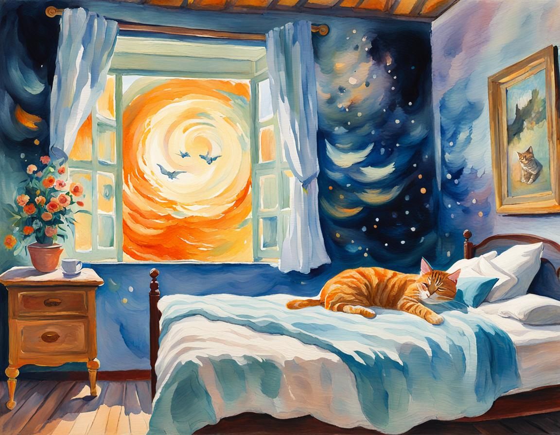 Cat Spirit Over Child, Gouache Watercolor Painting