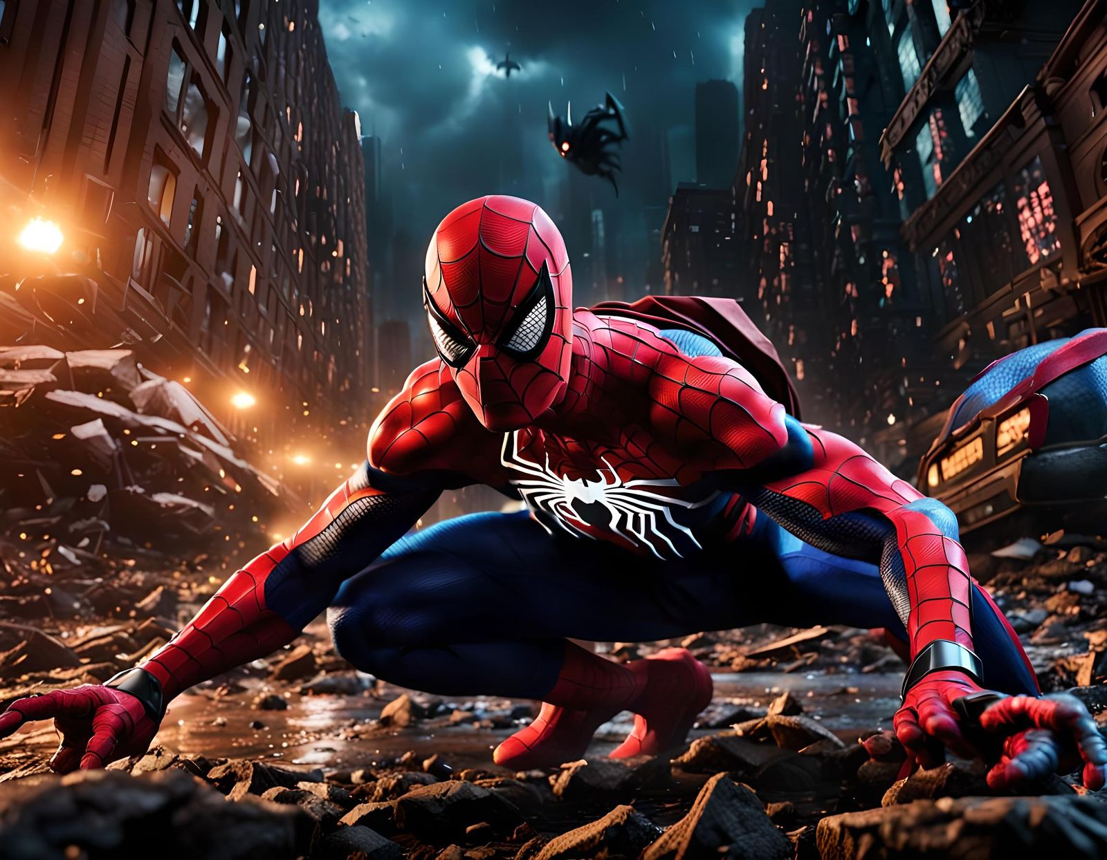 Hybrid Spider-Man and Batman in Dark Landscape