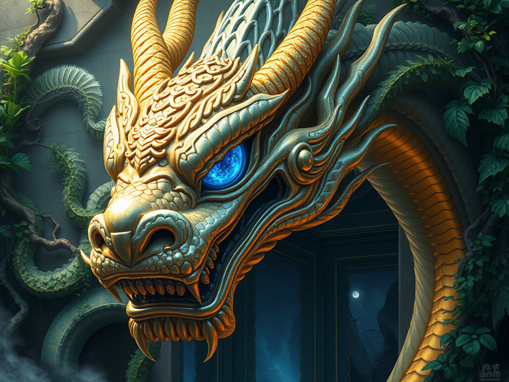 Golden Dragon with Sapphire Eyes, Digital Matte Painting