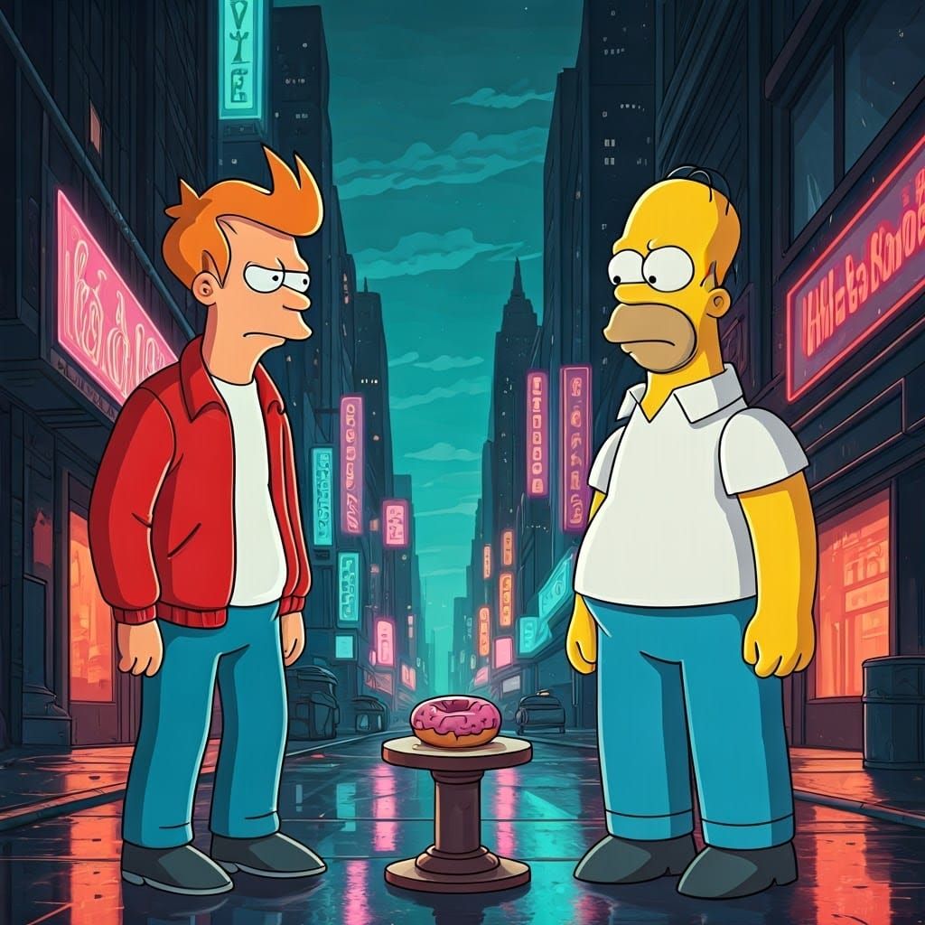 Fry vs Homer: Donut Showdown in Comic Style