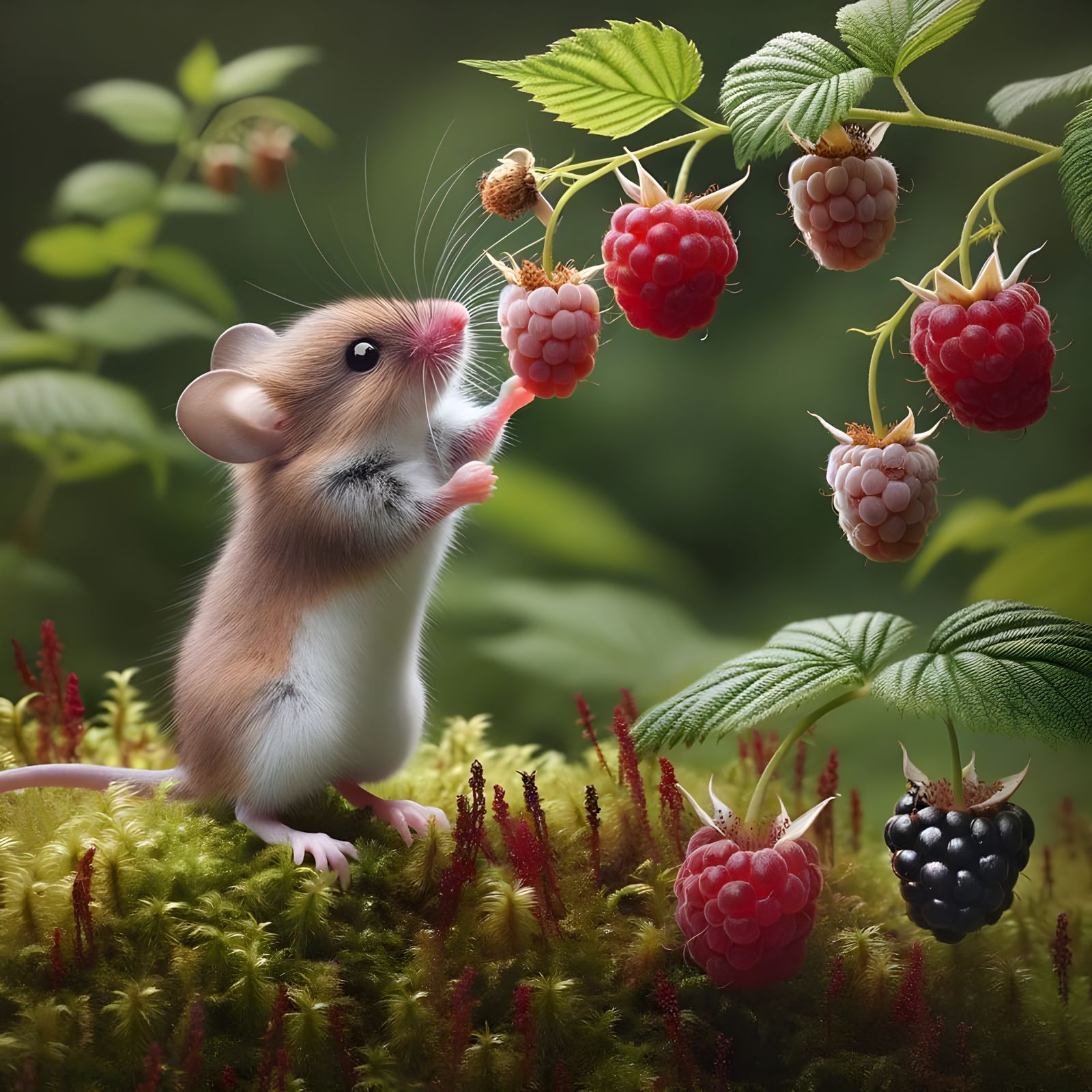 Surreal Wildlife Encounter with Ripe Raspberries and Blackbe...