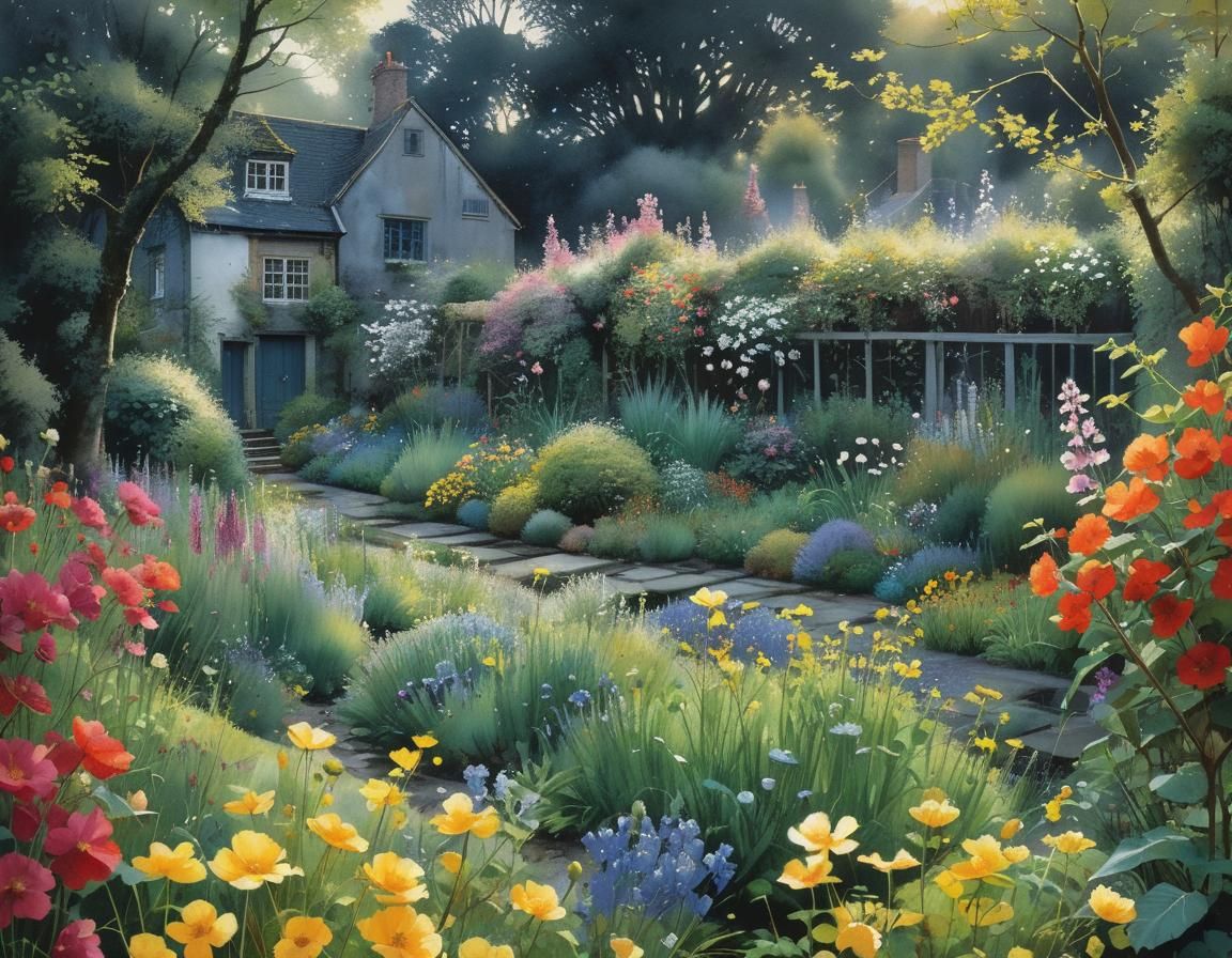 Sunlit Garden Between Dark Houses