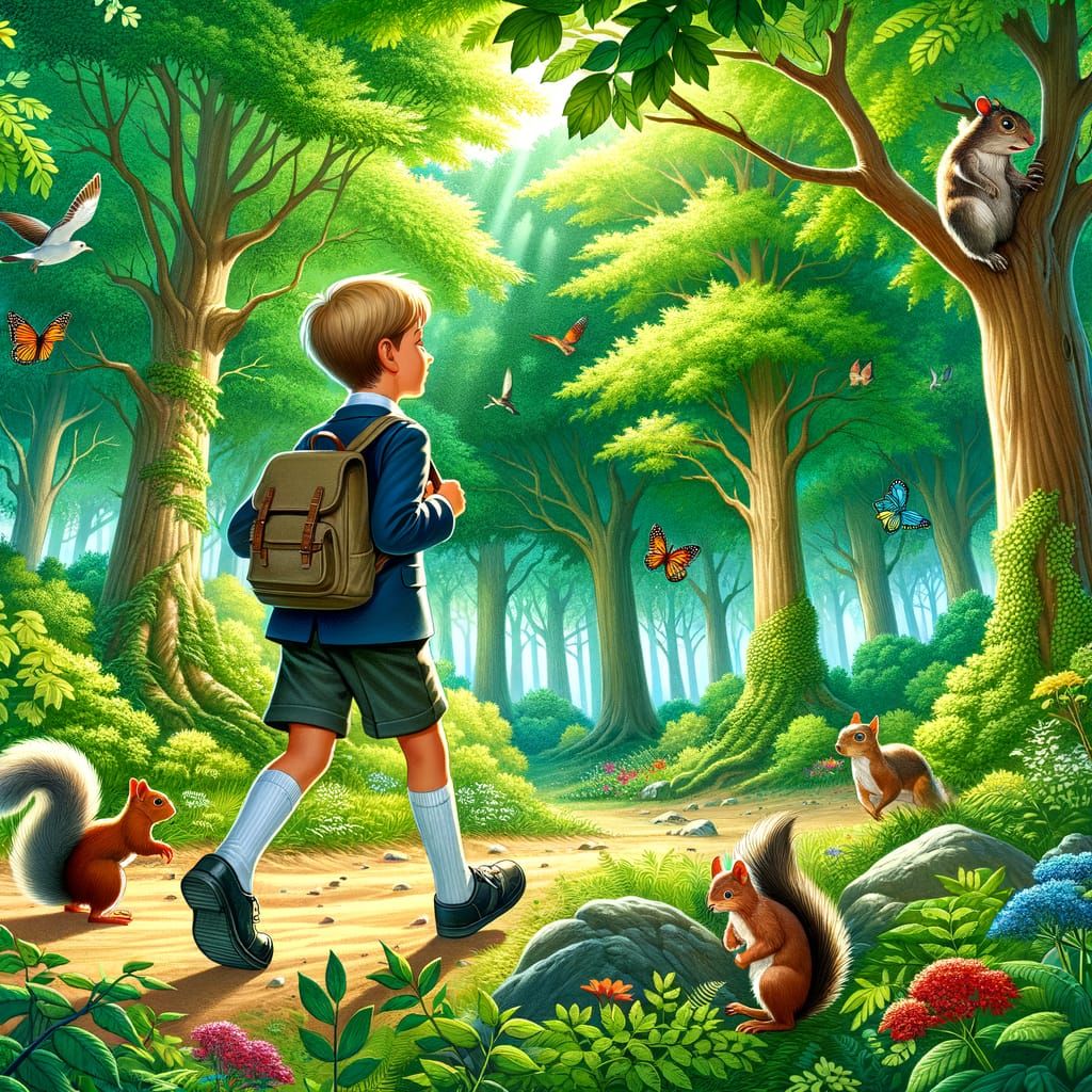 Boy Walks Through Verdant Forest in Children's Book Style