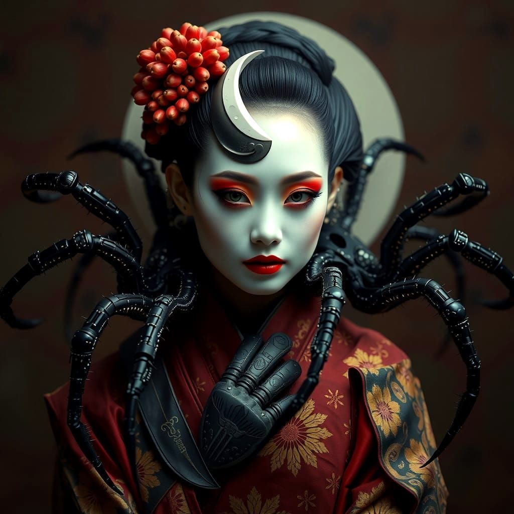 Cyberpunk Geisha Portrait with Obsidian Tarantulas