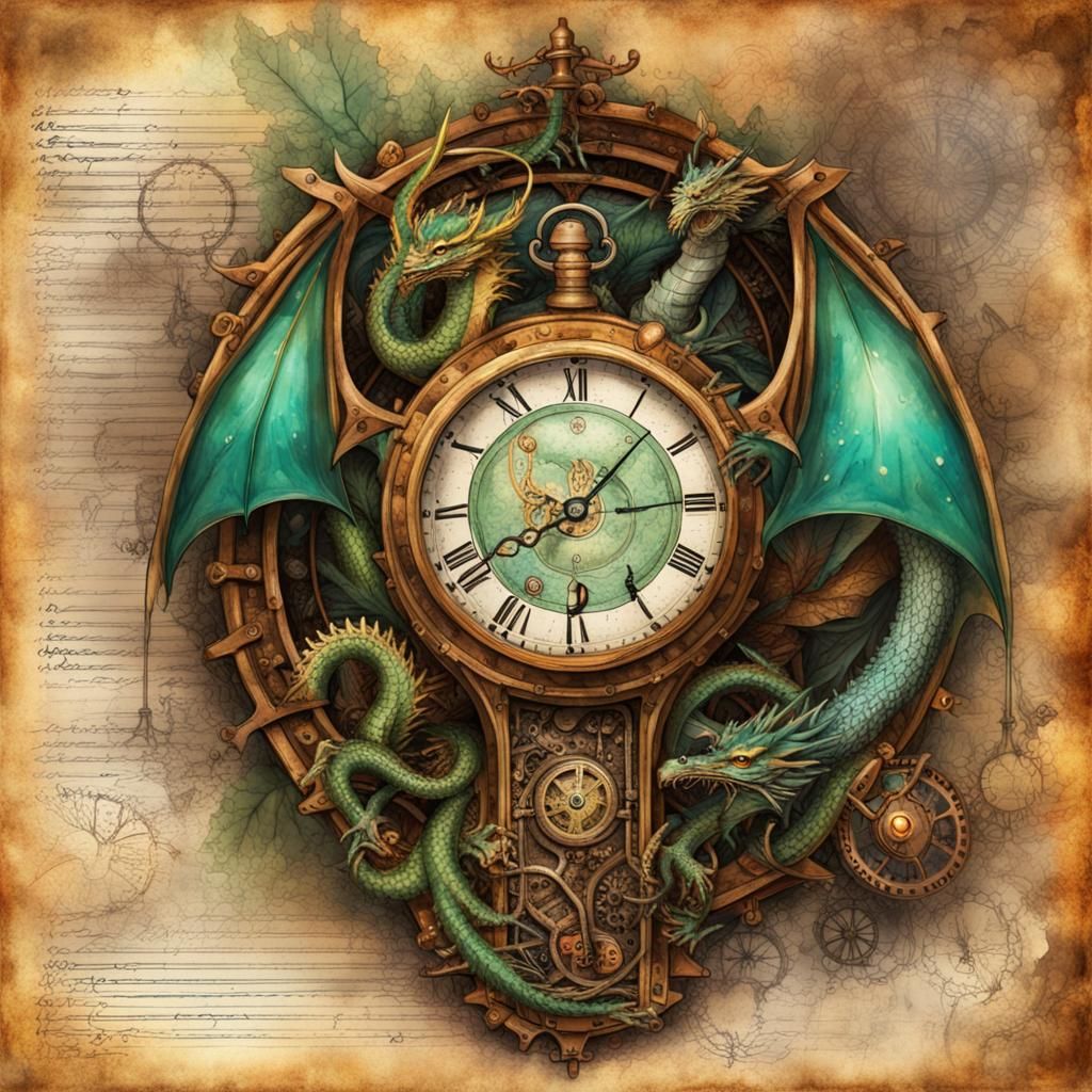 Steampunk Dragon Journal Page with Clockwork Forest