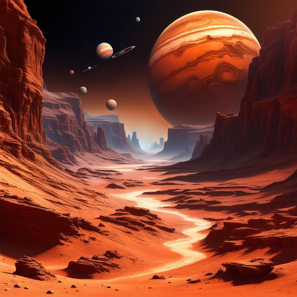 Martian Canyon with Saturn and Jupiter in Sci-Fi Airbrush