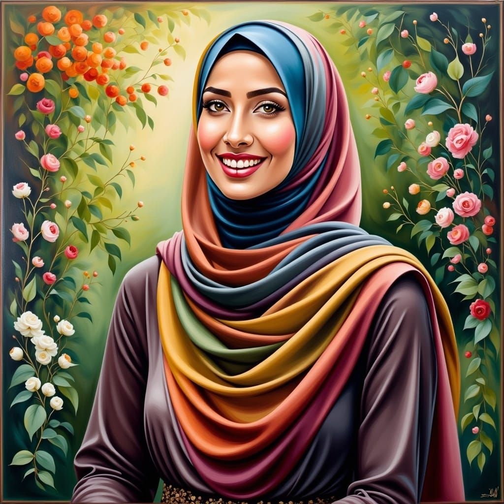 Beautiful Hijabi Portrait in Botanical Garden, Oil-Guache St...