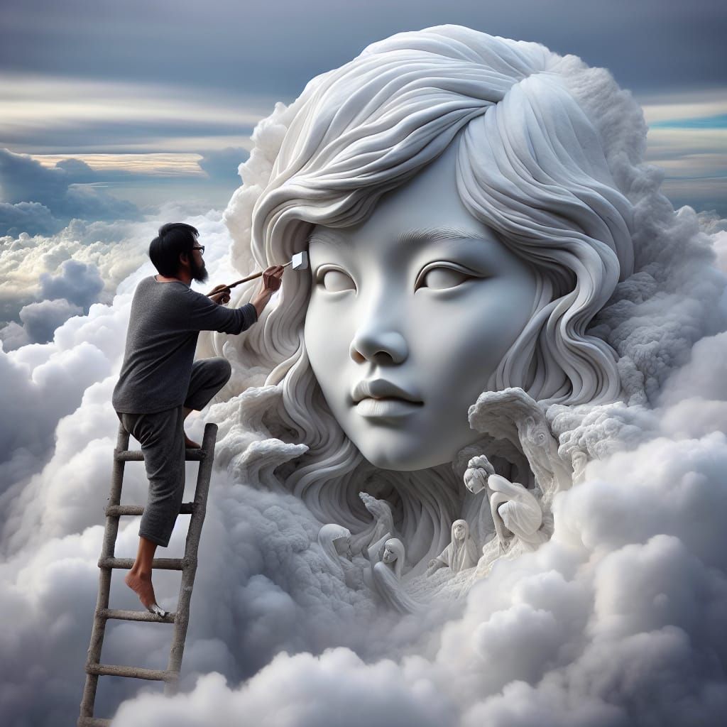 An artist scalptures a beautiful face in the clouds