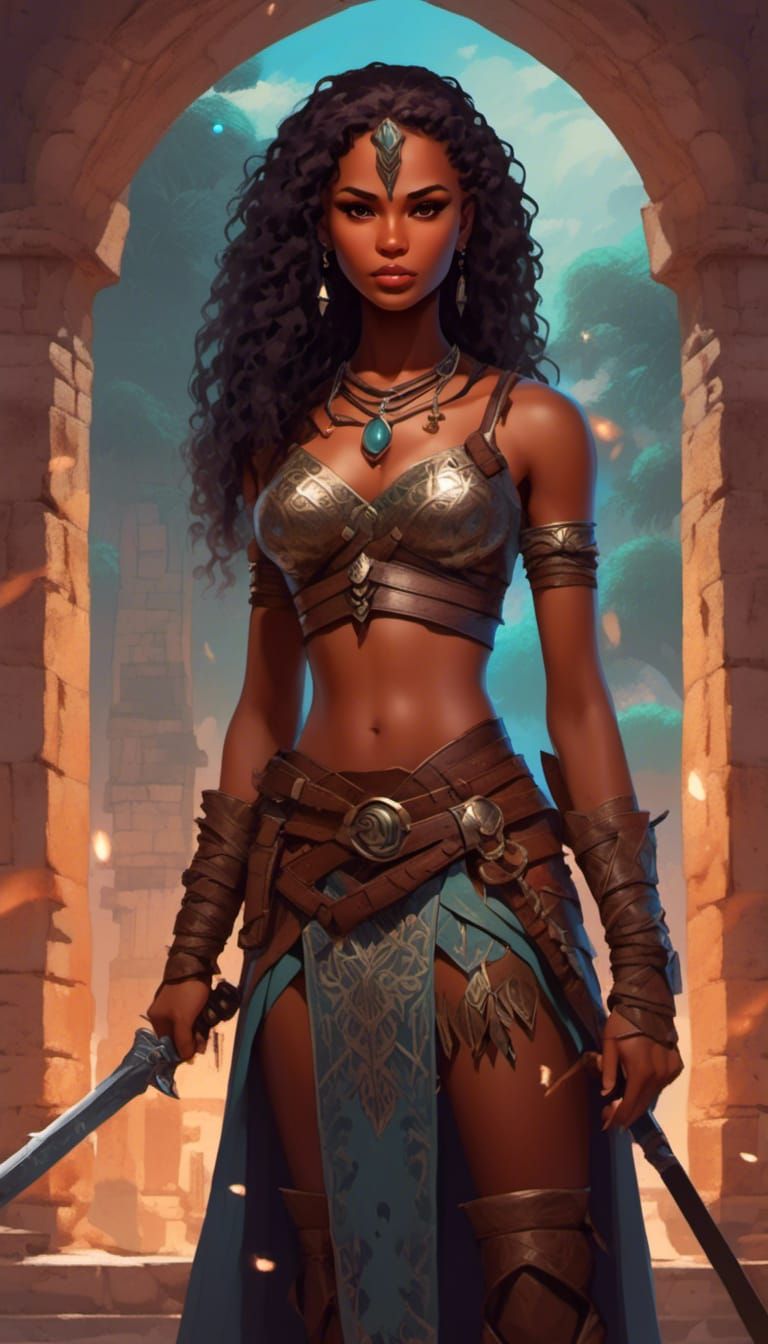 Fierce Woman Warrior with Spear and Dagger