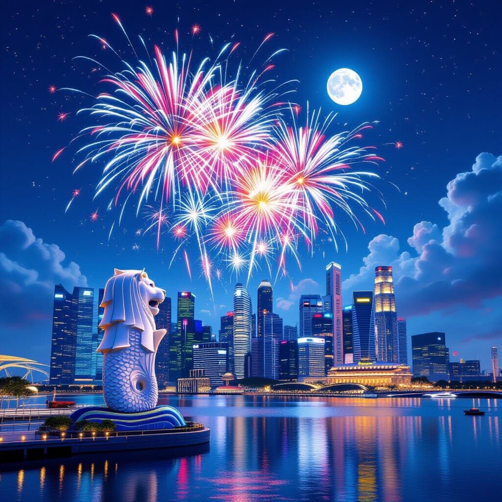Fireworks Over Marina Bay Sands, Singapore Skyline
