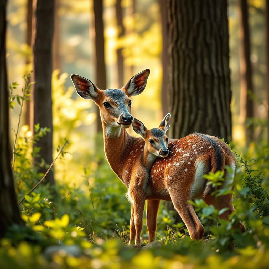 Mother Deer and Fawn in Golden Forest Light