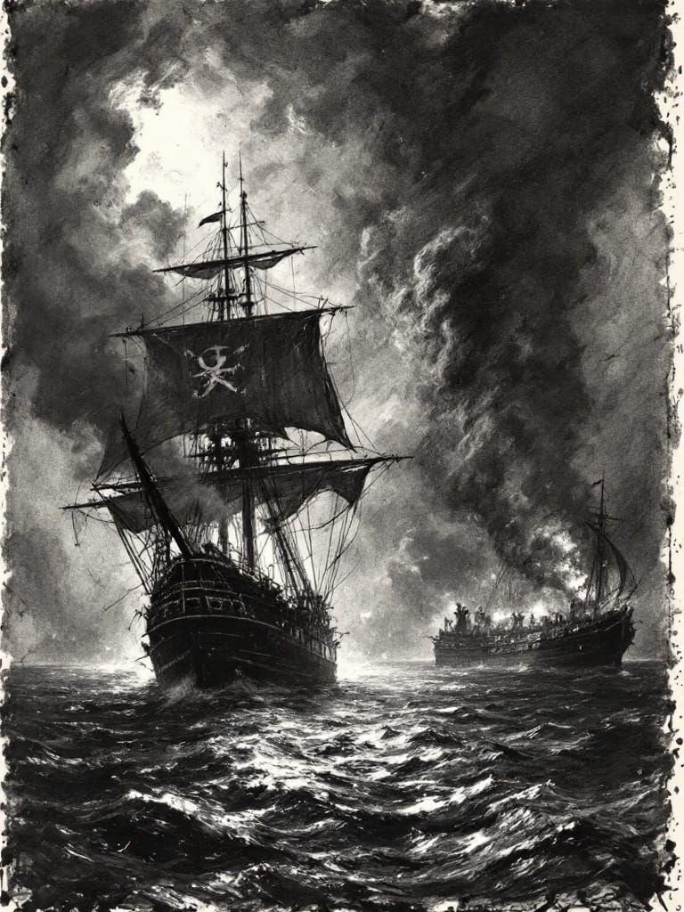 Pirate Ship Engulfed in Nighttime Battle