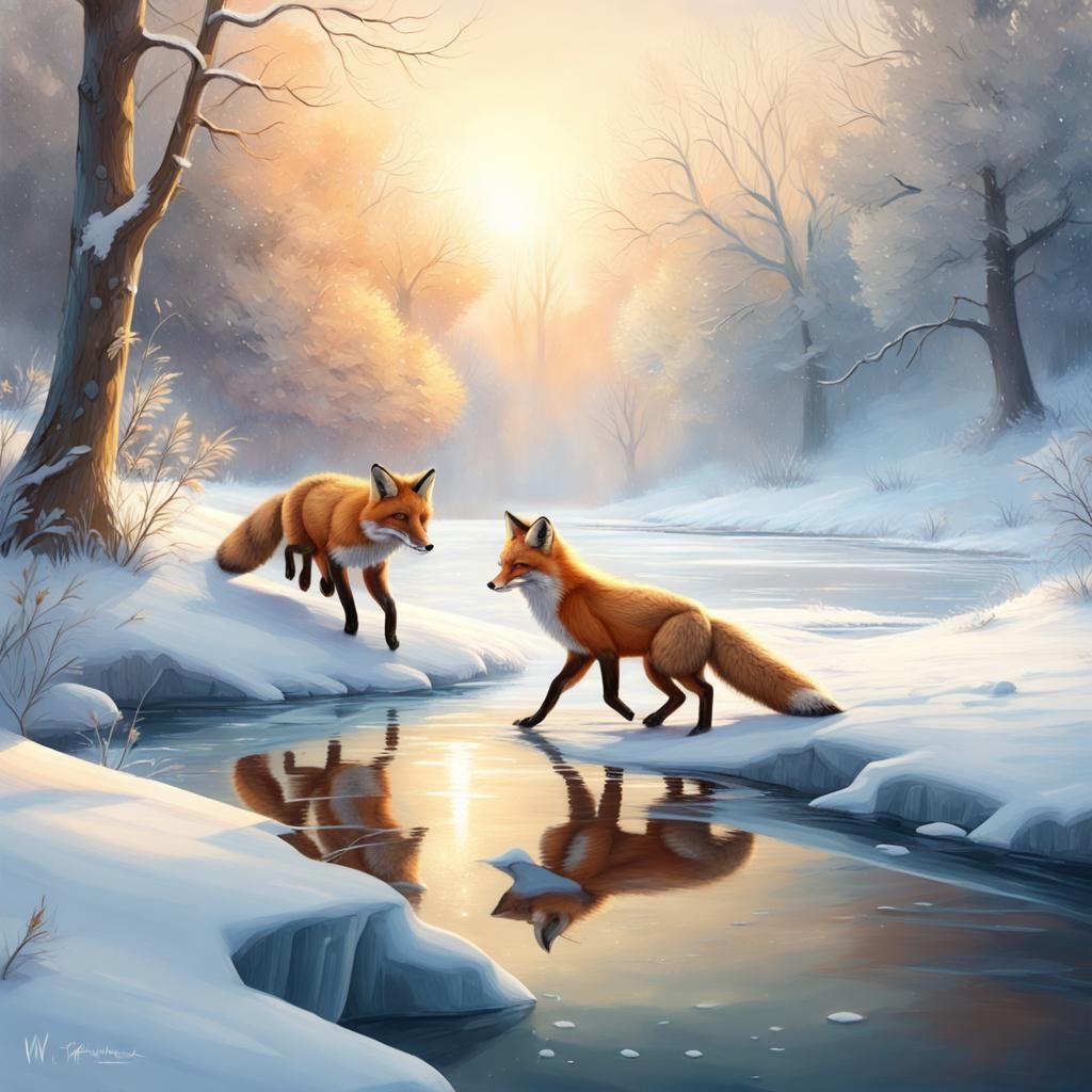 Foxes in Winter Landscape Digital Painting