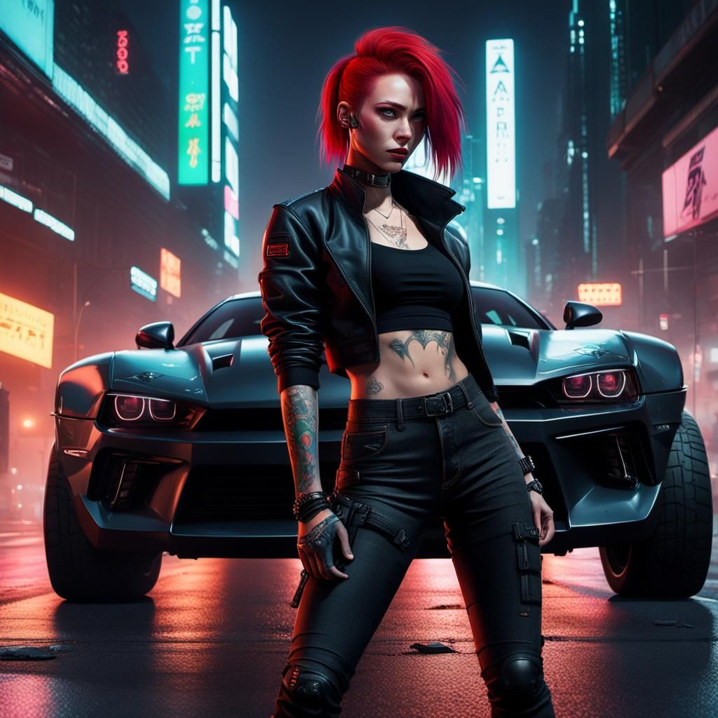 Cyberpunk Street Racer with Red Hair in Neon City