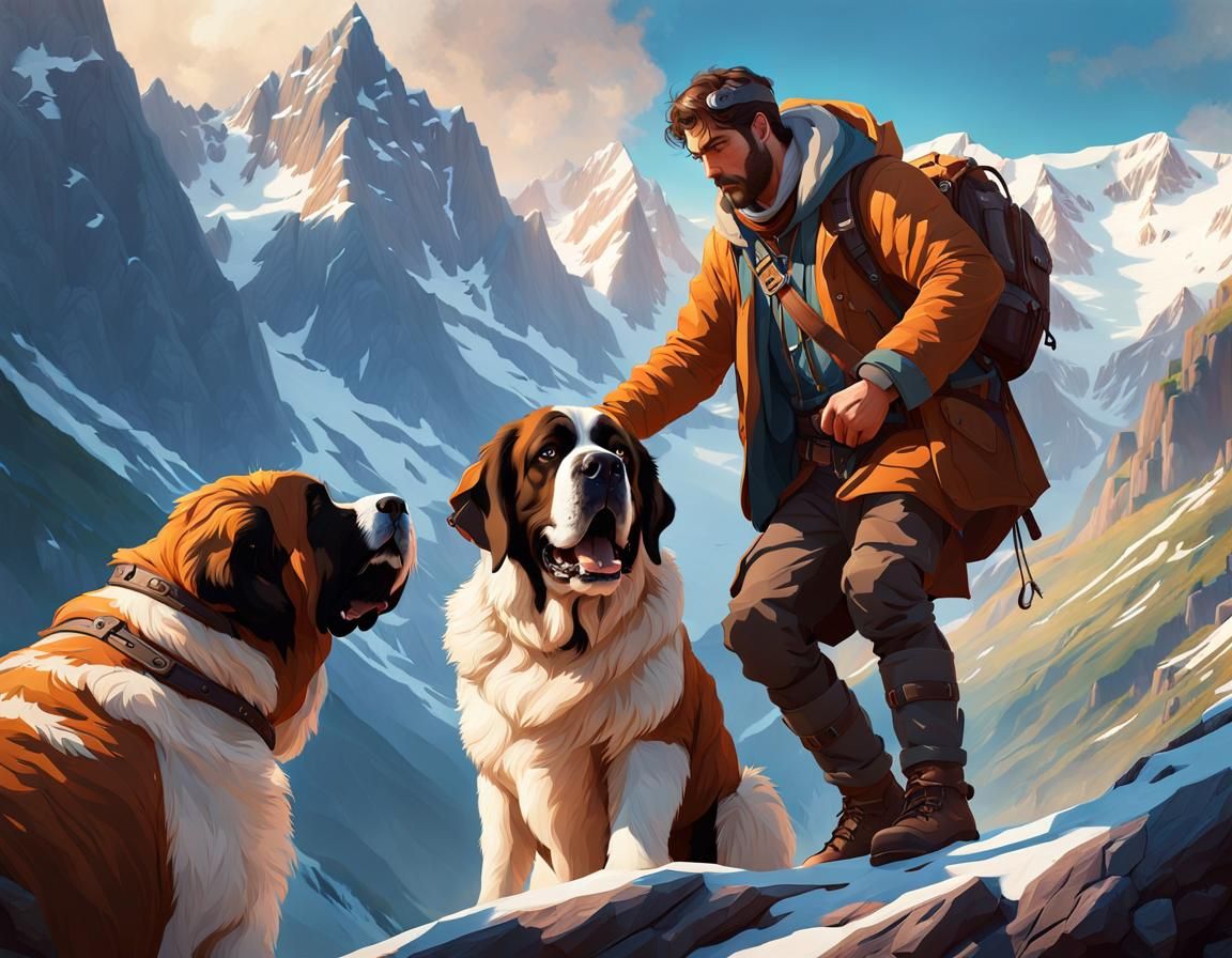 St Bernards rescuing people in the Alps