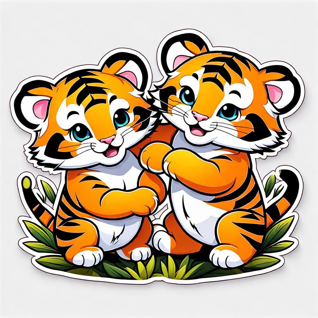 Cute Tiger Cubs Wrestling in Watercolor Sticker Style