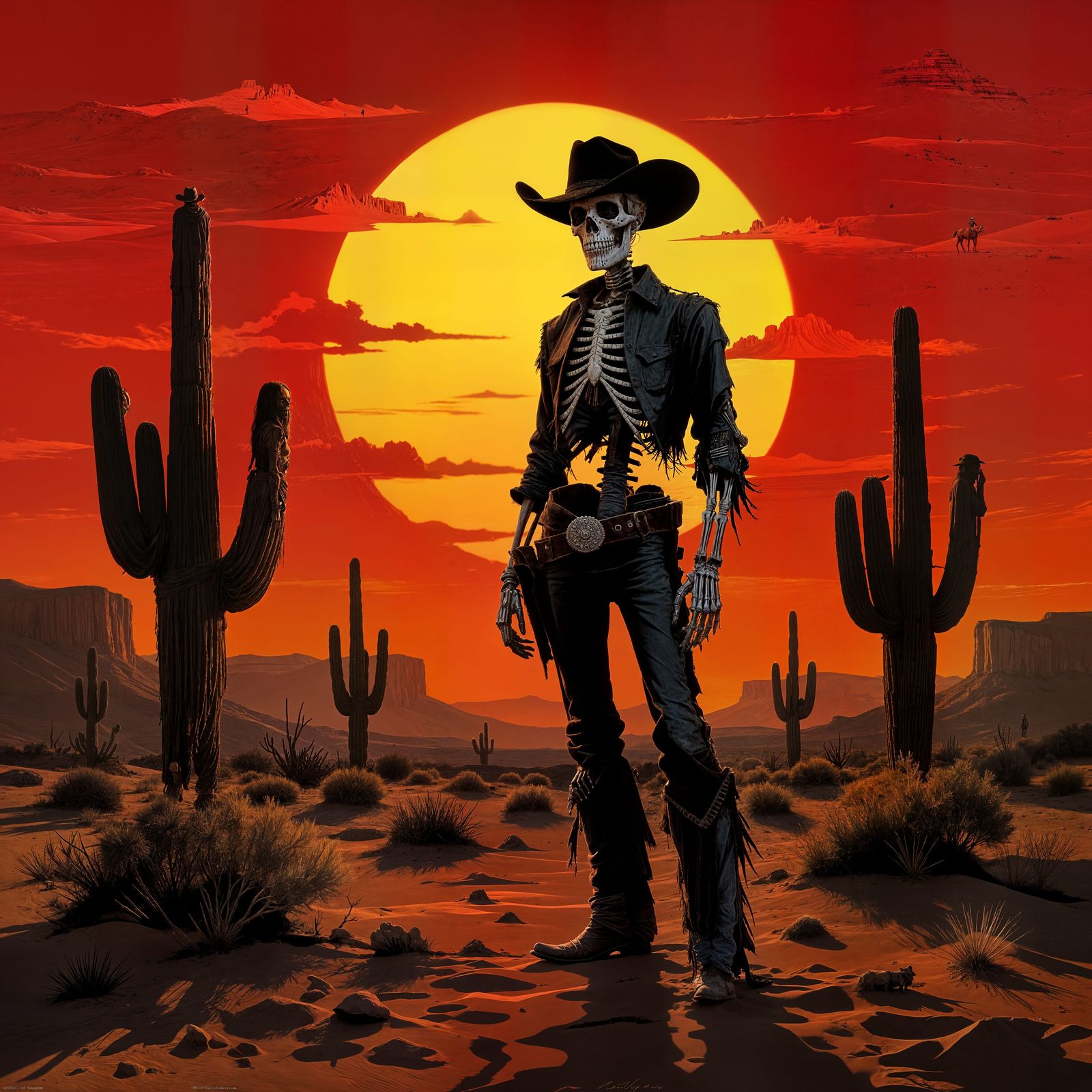 Cowboy Skeleton at Blood-Red Desert Sunset