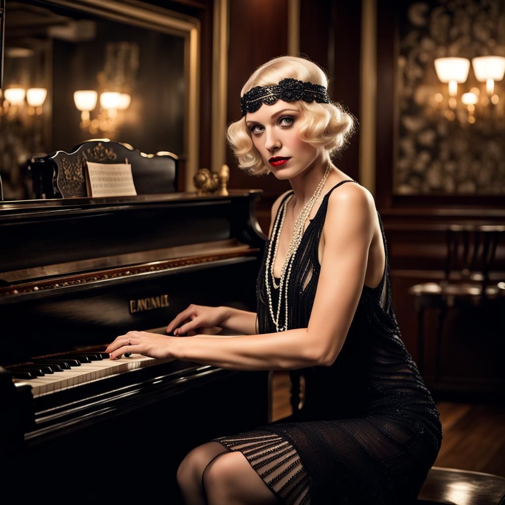 Glamorous 1920s Woman at Piano Lounge