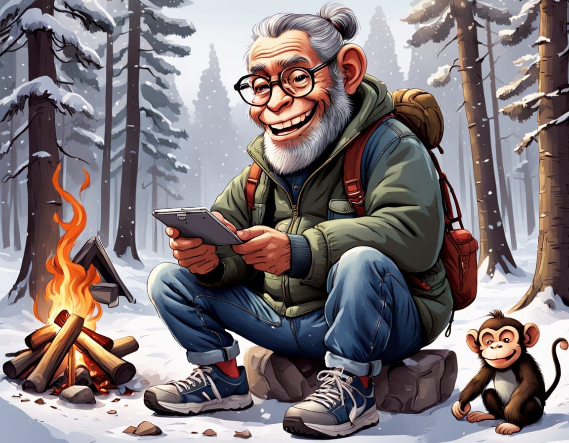 Surreal Winter Camping Scene with a Happy Monkey Grandfather